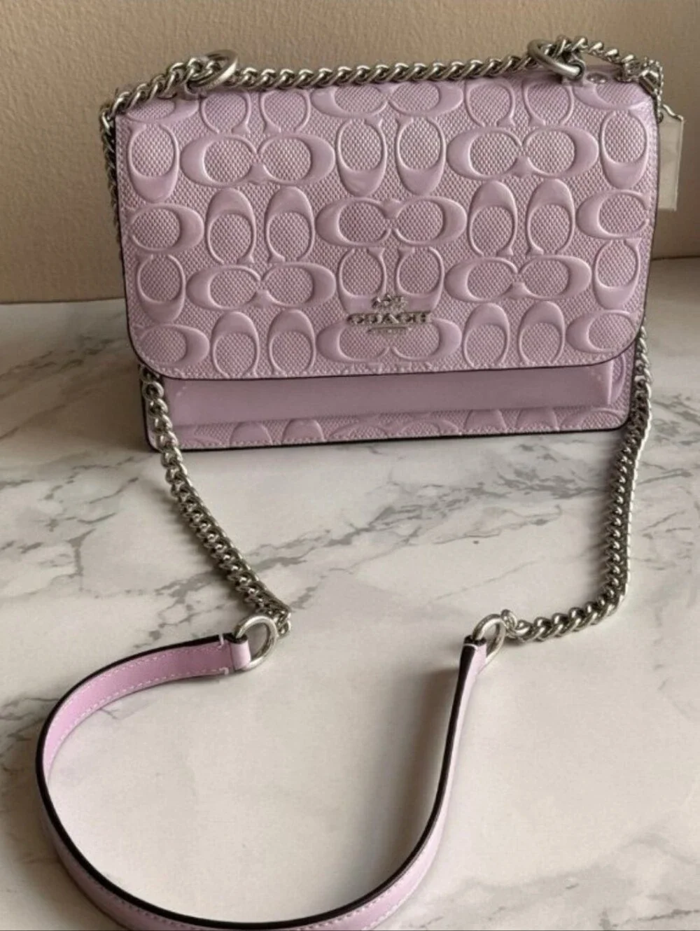 Coach Klare Crossbody In Signature Leather Silver/Light Violet and wallet